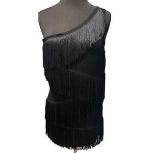 Cache Black One Shoulder Fringe Chains Flapper Stretch Top Sz L NWoT $128